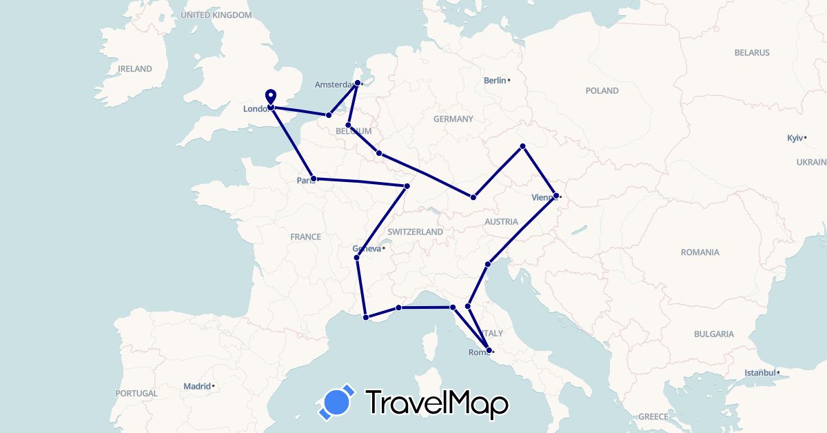 TravelMap itinerary: driving in Austria, Belgium, Czech Republic, Germany, France, United Kingdom, Italy, Luxembourg, Netherlands (Europe)